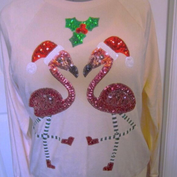 Miss Chievous L Pink Flamingo Christmas Top with Sequins Long Sleeves--Pink--EUC - Picture 2 of 5